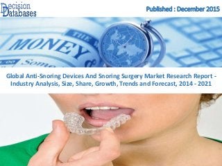 Published : December 2015
Global Anti-Snoring Devices And Snoring Surgery Market Research Report -
Industry Analysis, Size, Share, Growth, Trends and Forecast, 2014 - 2021
 