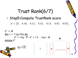 Trust Rank(6/7) Step5:Compute TrustRank score T d t* …………… . M 