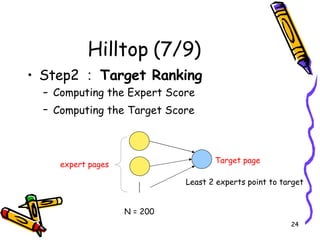 Hilltop (7/9) Step2 ： Target Ranking   Computing the Expert Score  Computing the Target Score   Target page  expert pages N = 200 …… Least 2 experts point to target 