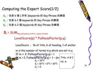 Computing the Expert Score(1/2) S 0 ：包含 k 個 ( 所有 )keywords 的 Key Phrase 的總值 S 1 ：包含 k-1 個 keywords 的 Key Phrase 的總值 S 2 ：包含 k-2 個 keywords 的 Key Phrase 的總值 S i  = SUM (key phrases p with k-i query terms)  LevelScore(p) * FullnessFactor(p,q) LevelScore ： 16 of title, 6 of heading, 1 of anchor m is the number of terms in p which are not in q If m <= 2, FullnessFactor(p,q) = 1 If m > 2, FullnessFactor(p,q) = 1 – (m-2) / plen  Query: A B S 0  = 16*1 S 1  = 16*1 + 6*1 + 16*1 S 2  = 0 Title: A B C H1: A 