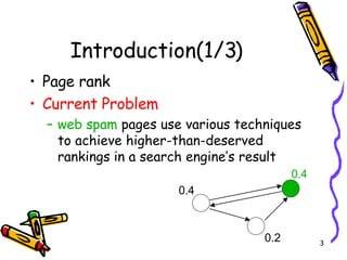 Introduction(1/3) Page rank Current Problem web spam  pages use various techniques to achieve higher-than-deserved rankings in a search engine’s result 0.4 0.4 0.2 