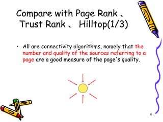 Compare with Page Rank 、 Trust Rank 、 Hilltop(1/3) All are connectivity algorithms, namely that  the number and quality of the sources referring to a page  are a good measure of the page's quality. 