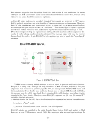 Furthermore, it speciﬁes how the receiver should deal with failures. It thus coordinates the results
of DKIM and SPF and speciﬁes under which circumstances the From: header ﬁeld, which is often
visible to end users, should be considered legitimate.
A DMARC policy indicates to a sender’s domain if their emails are protected by SPF and/or
DKIM, and tells a receiver what to do if neither of those authentication methods passes. Moreover,
DMARC also provides two ways for the email receiver to report back to the sender’s domain about
the messages that pass and/or fail DMARC evaluation. There are two types of reports: aggregate
reports that contain statistical data, and forensic reports that can include the message at fault.
DMARC is designed to help the organization’s existing inbound email authentication process. Ba-
sically, it works helping email receivers to determine if the message aligns with what the receiver
knows about the sender. If not, DMARC includes guidance on how to handle the ”non-aligned”
messages.
Figure 8: DMARC Work ﬂow
DMARC doesn’t directly address whether or not an email is spam or otherwise fraudulent.
His goal is to verify that a message not only pass DKIM or SPF validation, but that it also pass
alignment. How we can see in previous pages for SPF, the message must PASS the SPF check, and
the domain in the From: header must match the domain used to validate SPF. Instead, for DKIM,
the message must be validly signed and the d= domain of the valid signature must align with the
domain in the From: header. Therefore, under DMARC a message can fail even if it passes SPF
or DKIM, but fails alignment.
A message satisﬁes the DMARC checks if at least one of the supported authentication mechanisms:
1. produces a ”pass” result.
2. produces that result based on an identiﬁer that is in alignment.
DMARC policies are published in the public Domain Name System (DNS) and applied by Mail
Receivers as text (TXT) resource records (RR). They announce what an email receiver should do
20
 