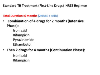 Standard TB Treatment (First-Line Drugs) HRZE Regimen
Total Duration: 6 months (2HRZE + 4HR)
• Combination of 4 drugs for 2 months (Intensive
Phase):
Isoniazid
Rifampicin
Pyrazinamide
Ethambutol
• Then 2 drugs for 4 months (Continuation Phase):
Isoniazid
Rifampicin
 