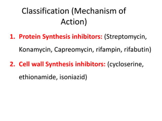 Classification (Mechanism of
Action)
1. Protein Synthesis inhibitors: (Streptomycin,
Konamycin, Capreomycin, rifampin, rifabutin)
2. Cell wall Synthesis inhibitors: (cycloserine,
ethionamide, isoniazid)
 