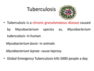 Tuberculosis
• Tuberculosis is a chronic granulomatous disease caused
by Mycobacterium species as, Mycobacterium
tuberculosis- in human
Mycobacterium bovis- in animals
Mycobacterium leprae- cause leprosy
• Global Emergency Tuberculosis kills 5000 people a day.
 