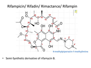 Rifampicin/ Rifadin/ Rimactance/ Rifampin
• Semi-Synthetic derivative of rifamycin B.
4-methylpiperazin-1-methylimine
 