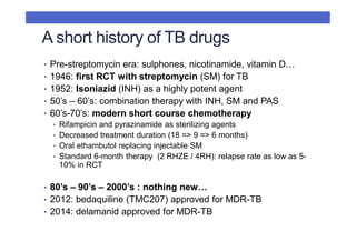 A short history of TB drugs
• Pre-streptomycin era: sulphones, nicotinamide, vitamin D…
• 1946: first RCT with streptomyci...
