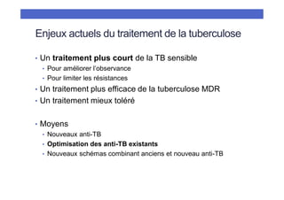 Enjeux actuels du traitement de la tuberculose
• Un traitement plus court de la TB sensible
• Pour améliorer l’observance
...