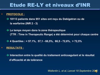 Etude RE-LY et niveaux d’INR Wallentin L. et al, Lancet 18 Septembre 2010 PROTOCOLE :    18113 patients dans 951 sites ont reçu du Dabigatran ou de   la warfarine (INR 2 - 3)    Le temps moyen dans la zone thérapeutique    (TTR : Time in Therapeutic Range) a été déterminé pour chaque centre    4 Quartiles : < 57.1%,  57,1 - 66,5%,  66,5 - 72,6%,  > 72,5% RESULTATS :    Interaction entre la qualité du traitement anticoagulant et le résultat   d’efficacité et de tolérance 