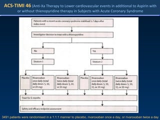 ACS-TIMI 46   (Anti-Xa Therapy to Lower cardiovascular events in additional to Aspirin with or without thienopyridine therapy in Subjects with Acute Coronary Syndrome 3491 patients were randomised in a 1:1:1 manner to placebo, rivaroxaban once a day, or rivaroxaban twice a day 