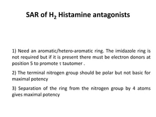 SAR of H2 Histamine antagonists
• 1) Need an aromatic/hetero-aromatic ring. The imidazole ring is
not required but if it is present there must be electron donors at
position 5 to promote t tautomer .
• 2) The terminal nitrogen group should be polar but not basic for
maximal potency
• 3) Separation of the ring from the nitrogen group by 4 atoms
gives maximal potency
 