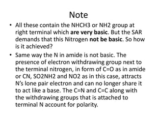 Note
• All these contain the NHCH3 or NH2 group at
right terminal which are very basic. But the SAR
demands that this Nitrogen not be basic. So how
is it achieved?
• Same way the N in amide is not basic. The
presence of electron withdrawing group next to
the terminal nitrogen, in form of C=O as in amide
or CN, SO2NH2 and NO2 as in this case, attracts
N’s lone pair electron and can no longer share it
to act like a base. The C=N and C=C along with
the withdrawing groups that is attached to
terminal N account for polarity.
 