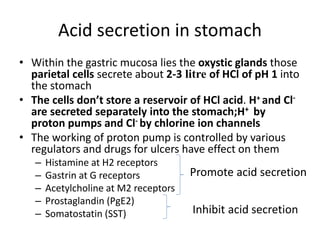 Acid secretion in stomach
• Within the gastric mucosa lies the oxystic glands those
parietal cells secrete about 2-3 litre of HCl of pH 1 into
the stomach
• The cells don’t store a reservoir of HCl acid. H+ and Cl-
are secreted separately into the stomach;H+ by
proton pumps and Cl- by chlorine ion channels
• The working of proton pump is controlled by various
regulators and drugs for ulcers have effect on them
– Histamine at H2 receptors
– Gastrin at G receptors
– Acetylcholine at M2 receptors
– Prostaglandin (PgE2)
– Somatostatin (SST)
Promote acid secretion
Inhibit acid secretion
 