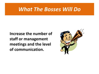 What The Bosses Will Do


Increase the number of
staff or management
meetings and the level
of communication.
 