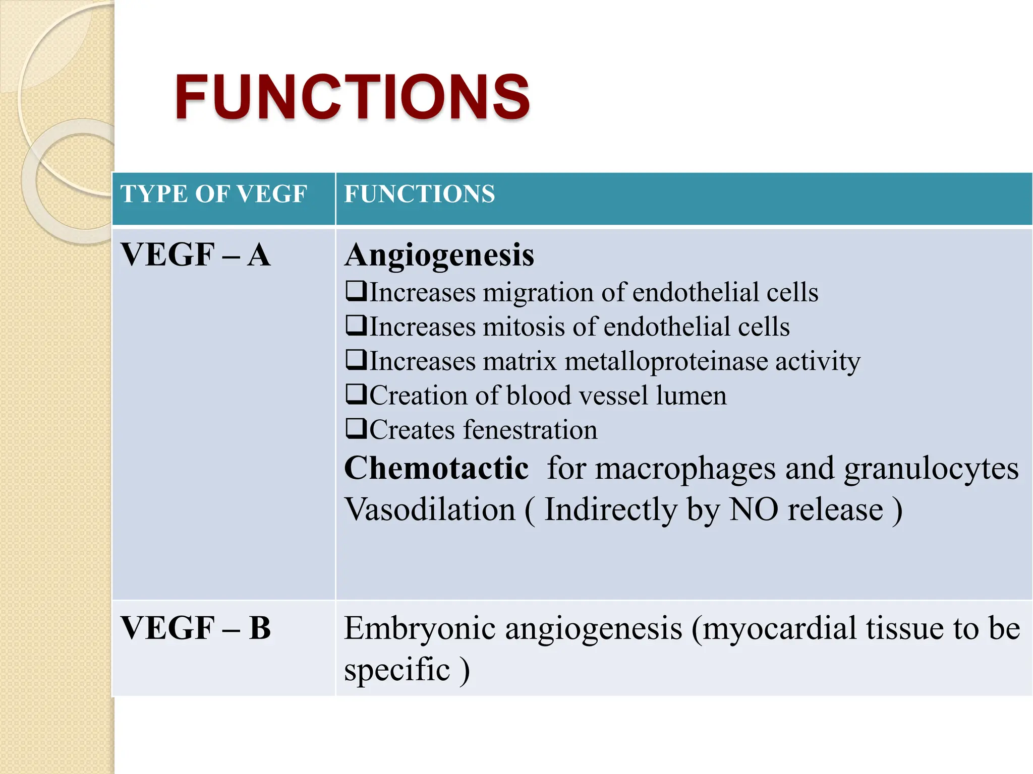FUNCTIONS
TYPE OF VEGF FUNCTIONS
VEGF – A Angiogenesis
Increases migration of endothelial cells
Increases mitosis of endothelial cells
Increases matrix metalloproteinase activity
Creation of blood vessel lumen
Creates fenestration
Chemotactic for macrophages and granulocytes
Vasodilation ( Indirectly by NO release )
VEGF – B Embryonic angiogenesis (myocardial tissue to be
specific )
 