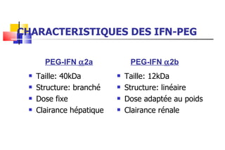 CHARACTERISTIQUES DES IFN-PEG Taille: 40kDa Structure: branché Dose fixe Clairance hépatique Taille: 12kDa Structure: linéaire Dose adaptée au poids  Clairance rénale PEG-IFN   2a   PEG-IFN   2b 