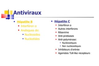 Antiviraux Hépatite B Interféron  α Analogues de: Nucl é osides Nucl é otides Hépatite C Interféron  α Autres interf é rons Ribavirine Anti-prot é ases Anti-polym é rase: Nucl é osidiques Non nucl é osidiques Inhibiteurs d ’ entr é e Agonistes Toll-like r é cepteurs 