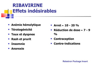 RIBAVIRINE Effets indésirables Anémie hémolytique Tératogénicité Toux et dyspnee Rash et prurit Insomnie Anorexie Rebetron Package Insert Arret    10 - 20 % Réduction de dose    7 - 9 % Contraception Contre-indications 