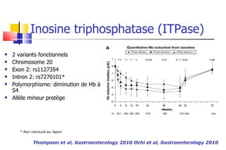 Inosine triphosphatase (ITPase) 2 variants fonctionnels Chromosome 20 Exon 2: rs1127354 Intron 2: rs7270101* Polymorphisme: diminution de Hb à S4 Allèle mineur protège Thompson et al, Gastroenterology 2010 Ochi et al, Gastroenterology 2010 * Non retrouvé au Japon 