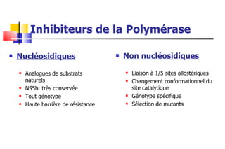 Inhibiteurs de la Polymérase Nucléosidiques Analogues de substrats naturels NS5b: très conservée Tout génotype Haute barrière de résistance Non nucléosidiques Liaison à   1/5 sites allostériques Changement conformationnel du site catalytique Génotype spécifique Sélection de mutants 