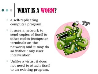 WHAT IS A WORM?
   a self-replicating
    computer program.
   it uses a network to
    send copies of itself to
    other nodes (computer
    terminals on the
    network) and it may do
    so without any user
    intervention.
   Unlike a virus, it does
    not need to attach itself
    to an existing program.
 