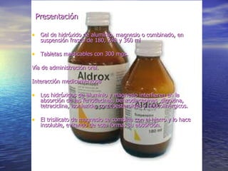 Presentación

• Gel de hidróxido de aluminio, magnesio o combinado, en
   suspensión frasco de 180, 240 y 360 ml

• Tabletas masticables con 300 mgs.
Vía de administración oral.

Interacción medicamentosa

• Los hidróxidos de aluminio y magnesio interfieren en la
   absorción de las fenotiacinas, benzodiacepinas ,digoxina,
   tetraciclina, isoniazida, corticoesteroides y anticolinérgicos.

• El trisilicato de magnesio se combina con el hierro y lo hace
   insoluble, evitando de esta forma, su absorción.
 