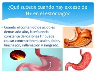 ¿Qué sucede cuando hay exceso de
H+ en el estómago?
 Cuando el contenido de ácido es
demasiado alto, la influencia
consta...