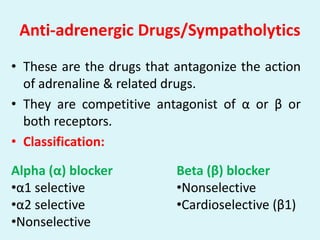 Anti-adrenergic Drugs/Sympatholytics
• These are the drugs that antagonize the action
of adrenaline & related drugs.
• They are competitive antagonist of α or β or
both receptors.
• Classification:
Alpha (α) blocker
•α1 selective
•α2 selective
•Nonselective
Beta (β) blocker
•Nonselective
•Cardioselective (β1)
 