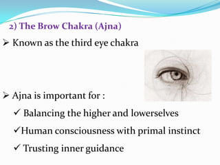  Known as the third eye chakra
 Ajna is important for :
 Balancing the higher and lowerselves
Human consciousness with primal instinct
 Trusting inner guidance
2) The Brow Chakra (Ajna)
 