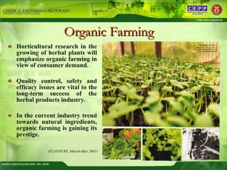 Organic Farming <ul><li>Horticultural research in the growing of herbal plants will emphasize organic farming in view of c...