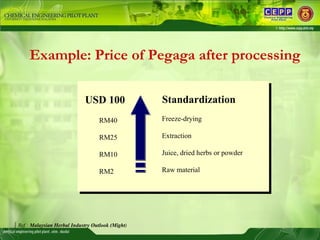 Example: Price of Pegaga after processing USD 100 Standardization RM40 RM25 RM10 RM2 Freeze-drying Extraction Juice, dried...