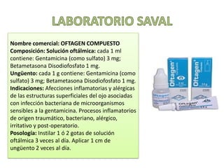 Nombre comercial: OFTAGEN COMPUESTO
Composición: Solución oftálmica: cada 1 ml
contiene: Gentamicina (como sulfato) 3 mg;
Betametasona Disodiofosfato 1 mg.
Ungüento: cada 1 g contiene: Gentamicina (como
sulfato) 3 mg; Betametasona Disodiofosfato 1 mg.
Indicaciones: Afecciones inflamatorias y alérgicas
de las estructuras superficiales del ojo asociadas
con infección bacteriana de microorganismos
sensibles a la gentamicina. Procesos inflamatorios
de origen traumático, bacteriano, alérgico,
irritativo y post-operatorio.
Posología: Instilar 1 ó 2 gotas de solución
oftálmica 3 veces al día. Aplicar 1 cm de
ungüento 2 veces al día.
 