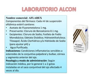 Nombre comercial: AFLAREX
Componentes del fármaco: Cada ml de suspensión
oftálmica estéril contiene:
• Acetato de Fluorometolona 1 mg.
• Preservante: Cloruro de Benzalconio 0.1 mg.
• Excipientes: Cloruro de Sodio; Fosfato de Fodio
Monobásico; Edetato Disódico; Hidroxietilcelulosa;
Tiloxapol; Ácido Clorhídrico y/o Hidróxido de Sodio
(para ajustar pH) y
• Agua Purificada.
Indicaciones: Condiciones inflamatorias sensibles a
esteroides de la conjuntiva palpebral y bulbar, córnea
y segmento anterior del ojo.
Posología y modo de administración: Según
indicación médica, por lo general 1 a 2 gotas
instaladas en el saco conjuntival del ojo afectado 4
veces al día.
 
