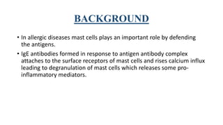 BACKGROUND
• In allergic diseases mast cells plays an important role by defending
the antigens.
• IgE antibodies formed in response to antigen antibody complex
attaches to the surface receptors of mast cells and rises calcium influx
leading to degranulation of mast cells which releases some pro-
inflammatory mediators.
 