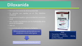 Diloxanida
RAM:
• Frecuentes: flatulencia
• Ocasionales: vómitos, diarrea,
prurito y urticaria
 