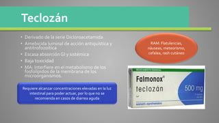 Teclozán
RAM: Flatulencias,
náuseas, meteorismo,
cefalea, rash cutáneo
Requiere alcanzar concentraciones elevadas en la luz
intestinal para poder actuar, por lo que no se
recomienda en casos de diarrea aguda
 