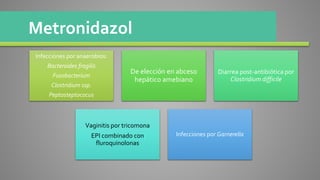 Metronidazol
Infecciones por anaerobios:
Bacteroides fragilis
Fusobacterium
Clostridium ssp.
Peptosteptococus
De elección en abceso
hepático amebiano
Diarrea post-antibiótica por
Clostridium difficile
Vaginitis por tricomona
EPI combinado con
fluroquinolonas
Infecciones por Garnerella
 