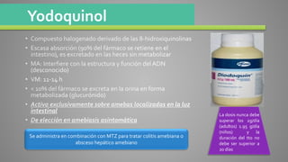 Yodoquinol
Se administra en combinación con MTZ para tratar colitis amebiana o
absceso hepático amebiano
La dosis nunca debe
superar los 2g/día
(adultos) 1.95 g/día
(niños) y la
duración del tto no
debe ser superior a
20 días
 