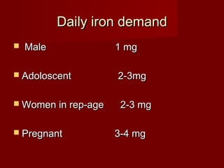 DDaaiillyy iirroonn ddeemmaanndd 
 MMaallee 11 mmgg 
 AAddoolloosscceenntt 22--33mmgg 
WWoommeenn iinn rreepp--aaggee 22--33 mmgg 
 PPrreeggnnaanntt 33--44 mmgg 
 