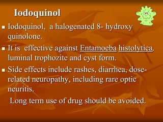 Iodoquinol
 Iodoquinol, a halogenated 8- hydroxy
quinolone.
 It is effective against Entamoeba histolytica,
luminal trophozite and cyst form.
 Side effects include rashes, diarrhea, dose-
related neuropathy, including rare optic
neuritis.
Long term use of drug should be avoided.
 