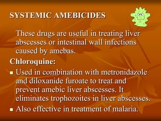 SYSTEMIC AMEBICIDES
These drugs are useful in treating liver
abscesses or intestinal wall infections
caused by amebas.
Chloroquine:
 Used in combination with metronidazole
and diloxanide furoate to treat and
prevent amebic liver abscesses. It
eliminates trophozoites in liver abscesses.
 Also effective in treatment of malaria.
 