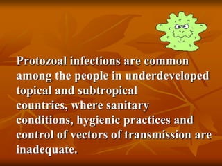Protozoal infections are common
among the people in underdeveloped
topical and subtropical
countries, where sanitary
conditions, hygienic practices and
control of vectors of transmission are
inadequate.
 