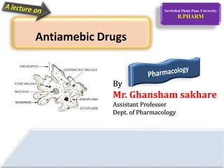 Savitribai Phule Pune University
B.PHARM
By
Mr. Ghansham sakhare
Assistant Professor
Dept. of Pharmacology
Antiamebic Drugs
 