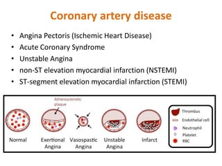 Coronary artery disease
• Angina Pectoris (Ischemic Heart Disease)
• Acute Coronary Syndrome
• Unstable Angina
• non-ST elevation myocardial infarction (NSTEMI)
• ST-segment elevation myocardial infarction (STEMI)
 