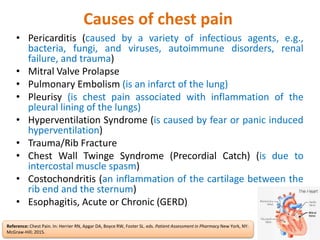 Causes of chest pain
• Pericarditis (caused by a variety of infectious agents, e.g.,
bacteria, fungi, and viruses, autoimmune disorders, renal
failure, and trauma)
• Mitral Valve Prolapse
• Pulmonary Embolism (is an infarct of the lung)
• Pleurisy (is chest pain associated with inflammation of the
pleural lining of the lungs)
• Hyperventilation Syndrome (is caused by fear or panic induced
hyperventilation)
• Trauma/Rib Fracture
• Chest Wall Twinge Syndrome (Precordial Catch) (is due to
intercostal muscle spasm)
• Costochondritis (an inflammation of the cartilage between the
rib end and the sternum)
• Esophagitis, Acute or Chronic (GERD)
Reference: Chest Pain. In: Herrier RN, Apgar DA, Boyce RW, Foster SL. eds. Patient Assessment in Pharmacy New York, NY:
McGraw-Hill; 2015.
 