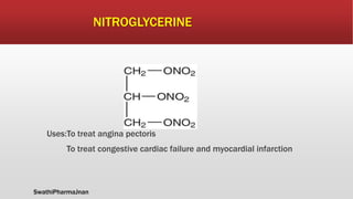 NITROGLYCERINE
Uses:To treat angina pectoris
To treat congestive cardiac failure and myocardial infarction
SwathiPharmaJnan
 