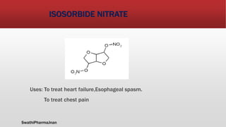 ISOSORBIDE NITRATE
Uses: To treat heart failure,Esophageal spasm.
To treat chest pain
SwathiPharmaJnan
 