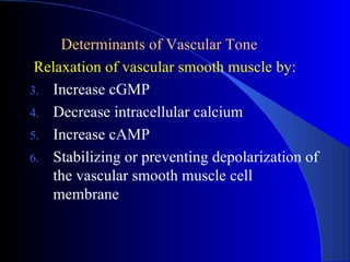 Determinants of Vascular Tone Relaxation of vascular smooth muscle by: Increase cGMP Decrease intracellular calcium Increase cAMP Stabilizing or preventing depolarization of the vascular smooth muscle cell membrane   