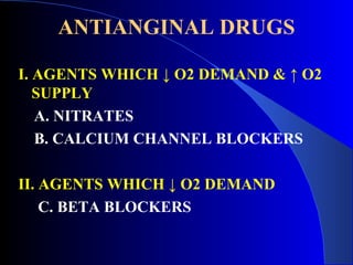 ANTIANGINAL DRUGS I. AGENTS WHICH  ↓ O2 DEMAND & ↑ O2 SUPPLY A. NITRATES B. CALCIUM CHANNEL BLOCKERS II. AGENTS WHICH ↓ O2 DEMAND C. BETA BLOCKERS  